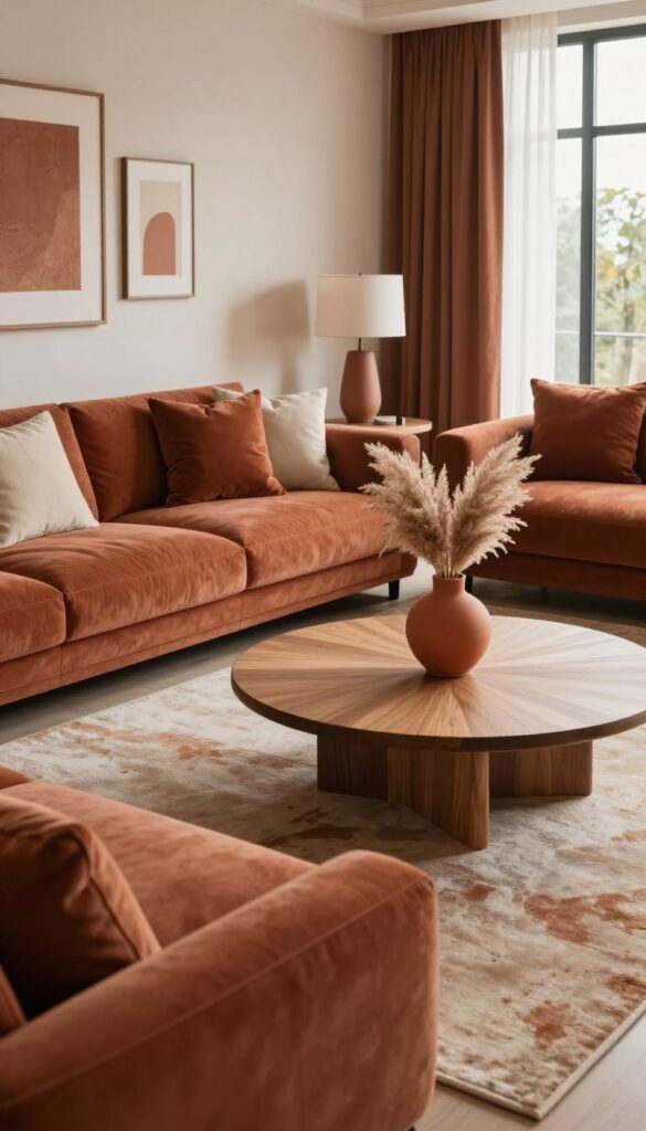 Modern living room design with terracotta and burnt umber accents