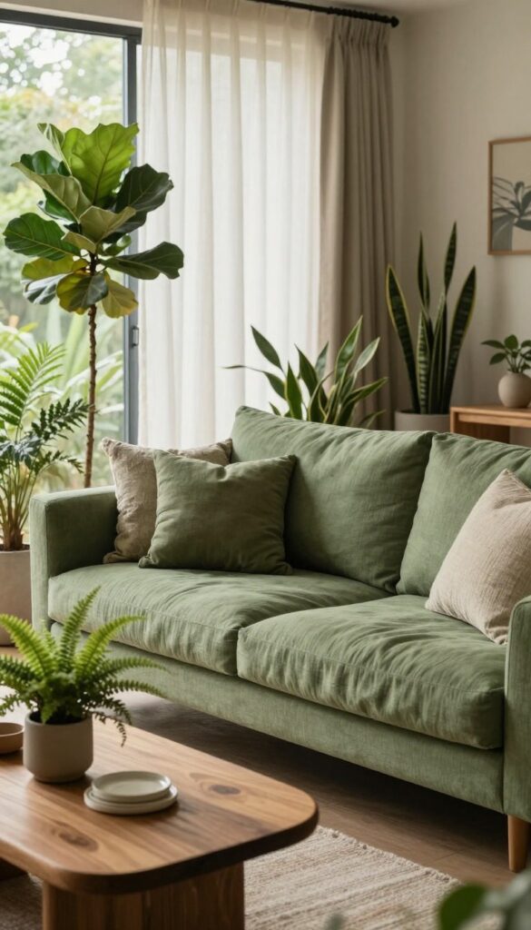 Sage green living room with biophilic design elements